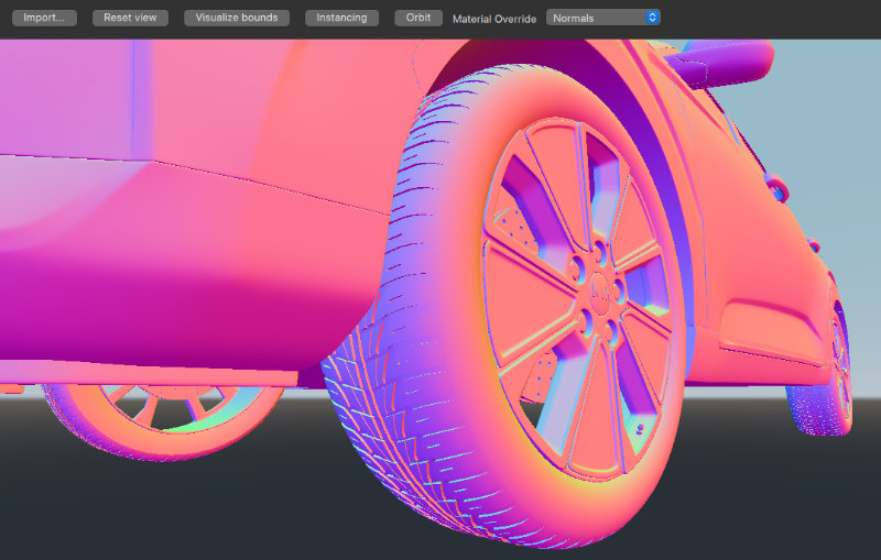 3D model rendered with normal map material override showing surface details