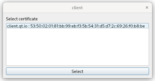 Window showing list of client certificates