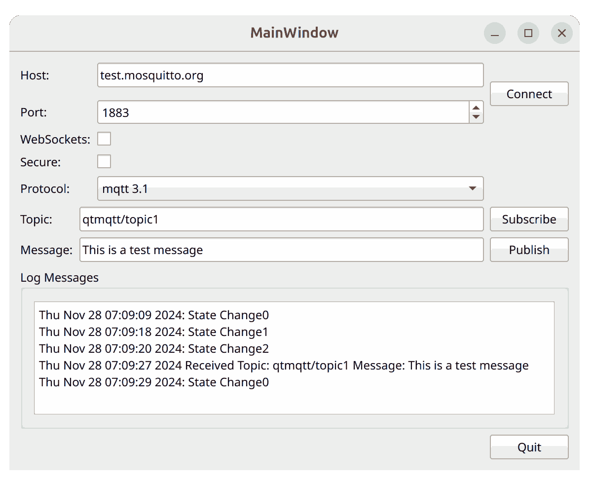 MQTT client with Host, Port, Protocol fields, WebSockets and Secure options, Topic and Message inputs, and log showing state changes