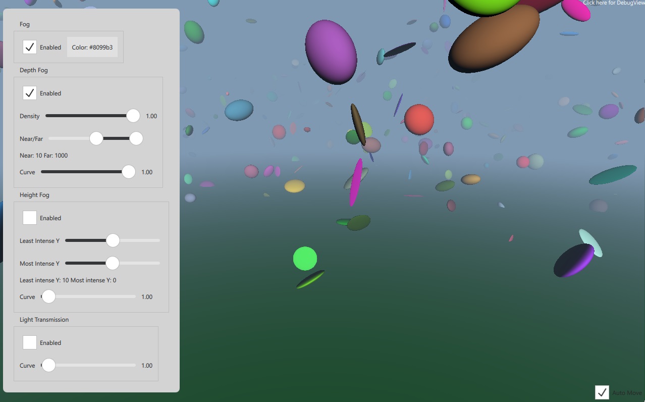 3D scene with colorful spheres and fog controls