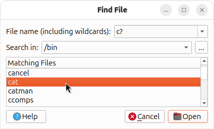 Screenshot of find file dialog showing options to enter file name, and in which directory it should search