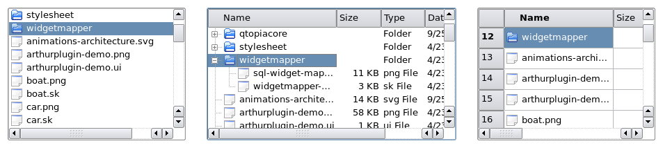 List view, tree view, and table view