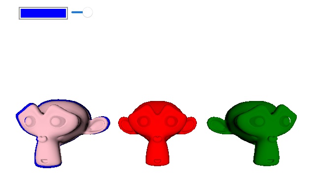 Three monkey head models in pink, red, and green with blue stencil outline on pink model