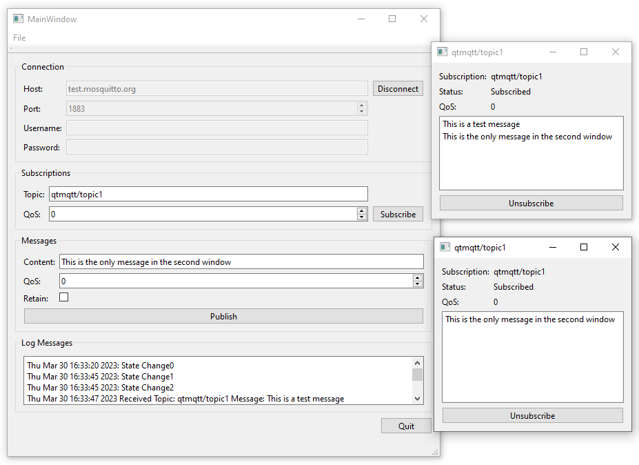 Main window with connection and publishing controls, and two subscription windows showing received messages on qtmqtt/topic1