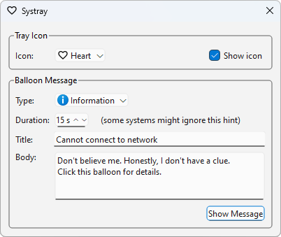 System tray editor for editing various settings such as popup title, duration, and message