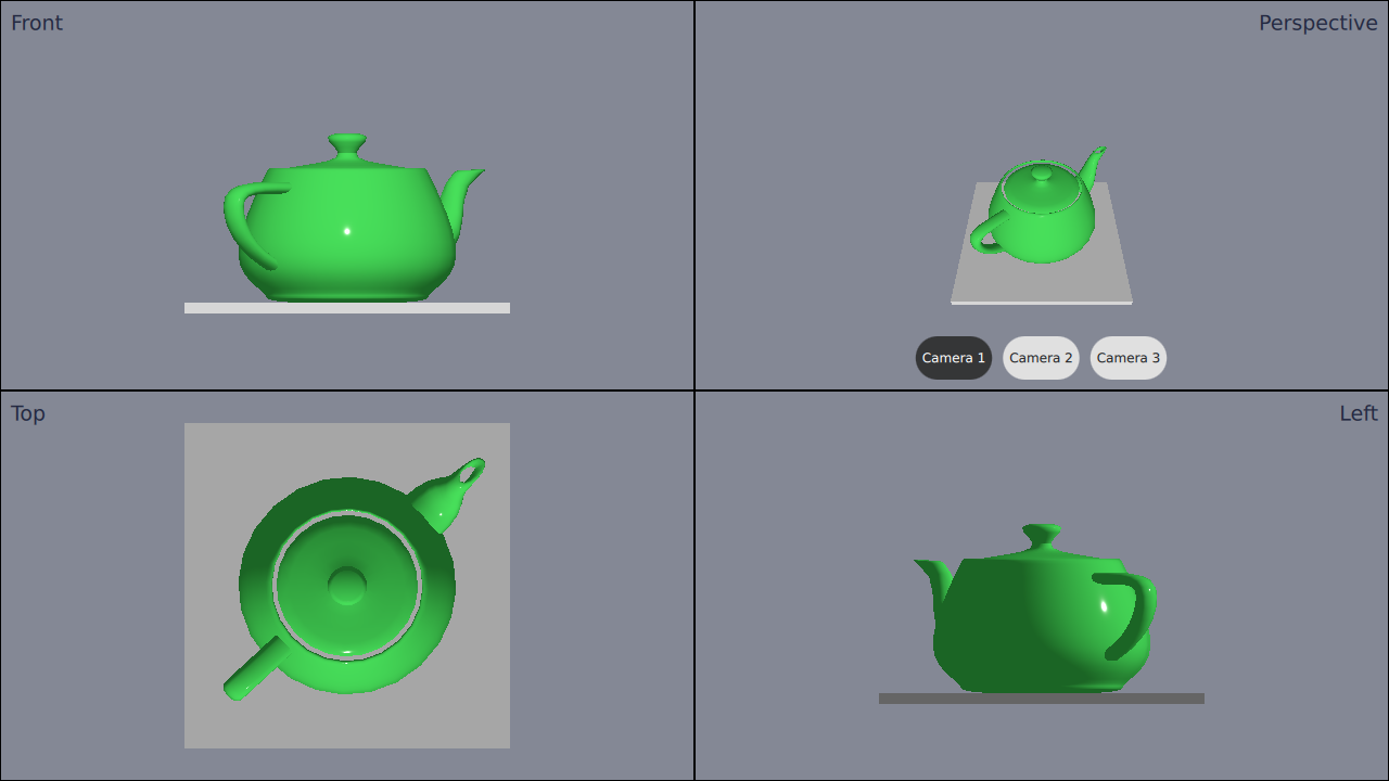 Four camera views of teapot with camera selection buttons