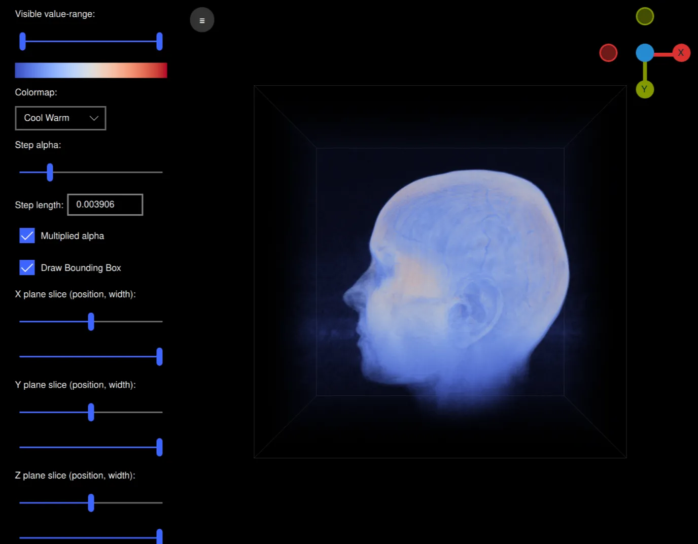 3D head volume rendering with colormap and slice controls
