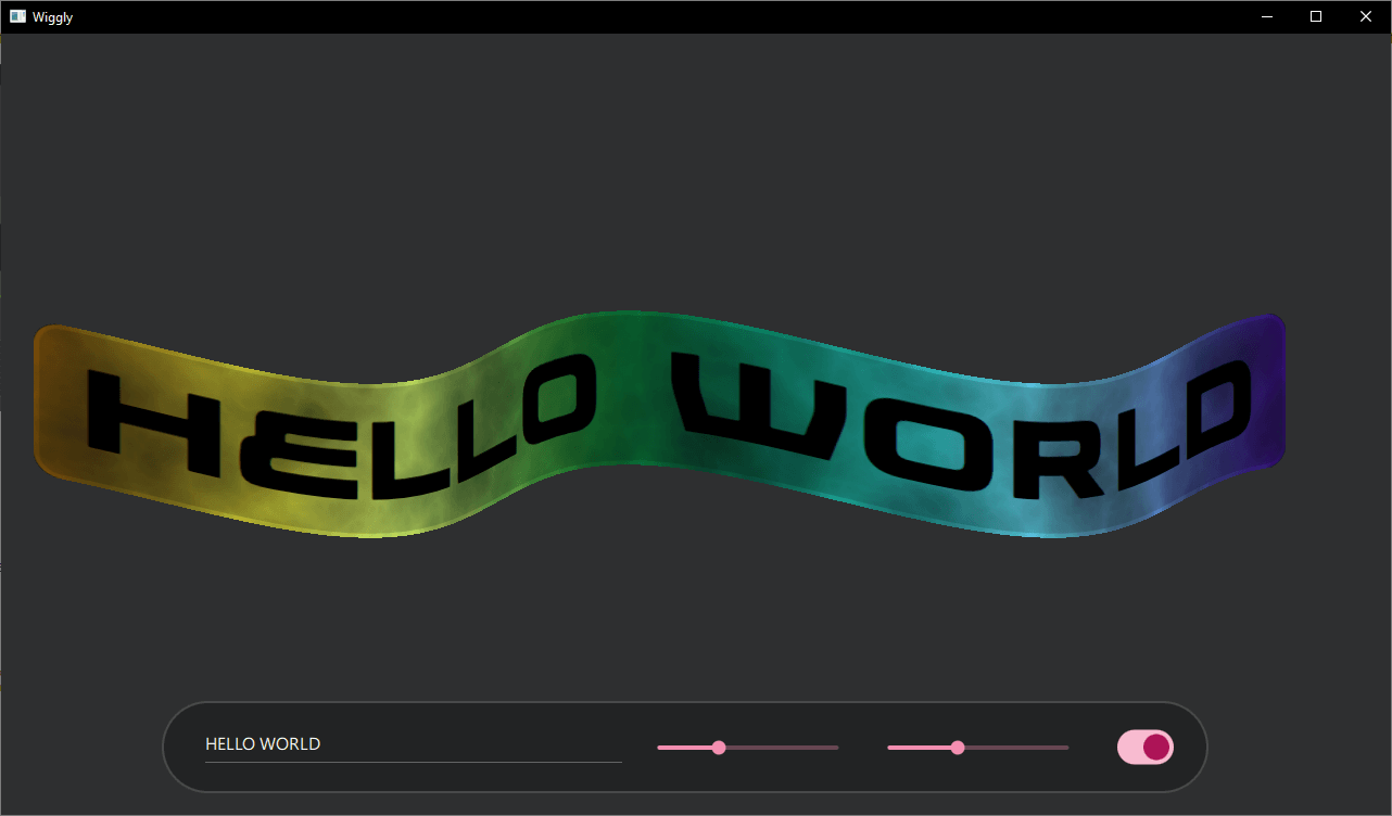 Wiggly text reading HELLO WORLD with rainbow gradient and wave effect