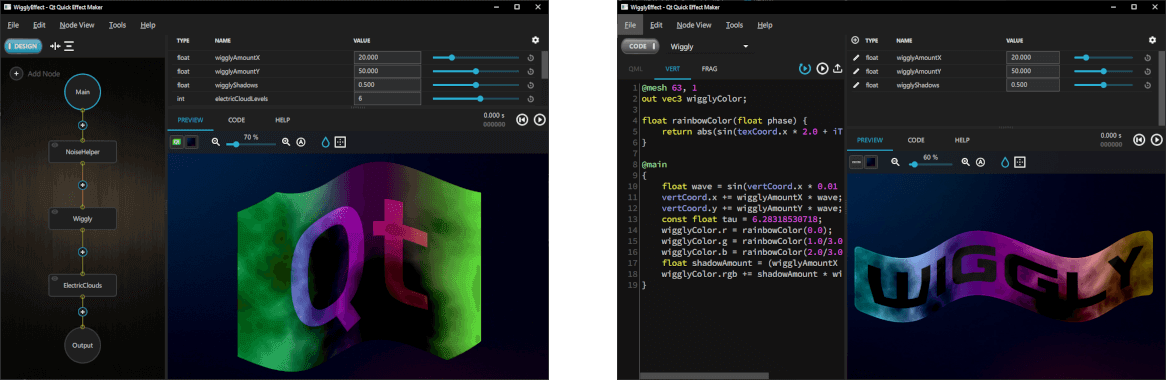 Qt Quick Effect Maker with node view on left and shader code on right