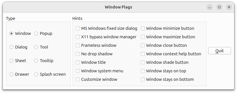 Controller window with the different flag types and hints