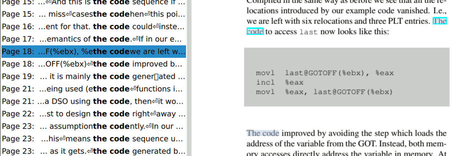 PDF viewer with search results panel showing entries for "the code" and highlighted result on page
