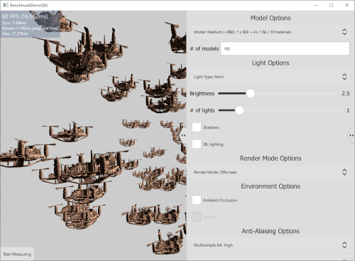 Qt 6 benchmark demo running a Qt Quick 3D scene