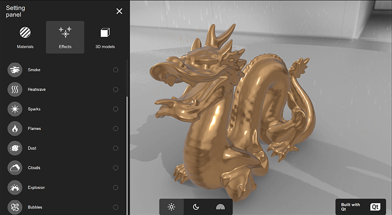 3D golden dragon model with effects panel for materials and particle effects