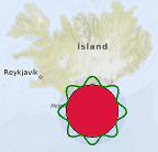 Overlapping red and green polygons drawn on a map of Iceland