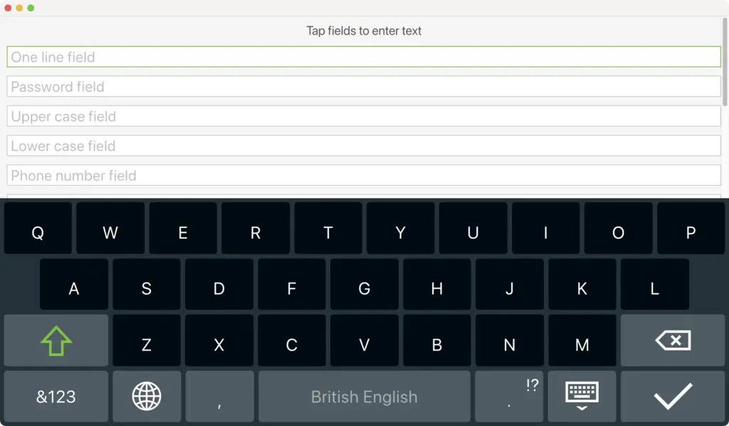 Application window with labeled text fields above the virtual keyboard for entering text