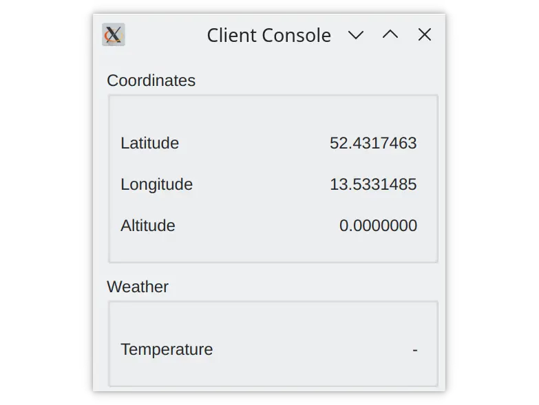 Client console window showing latitude, longitude, and altitude coordinates and a weather temperature field