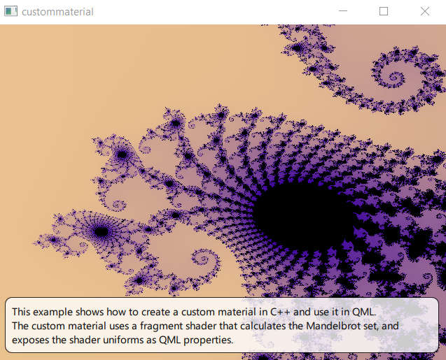 Mandelbrot fractal rendered using custom QSGMaterial with fragment shader
