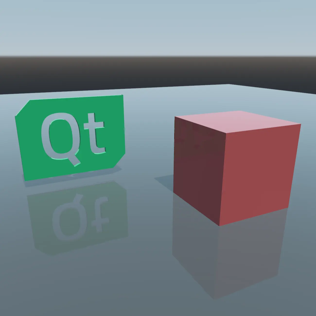 Green Qt logo and red cube mirrored on a reflective floor