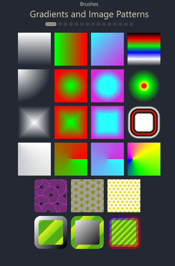 Brushes gallery titled Gradients and Image Patterns showing a grid of gradient swatches and patterned tiles