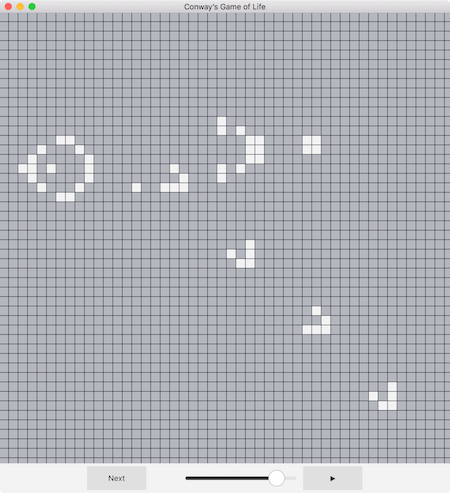 Conway's Game of Life grid showing cell patterns with Next button and playback controls