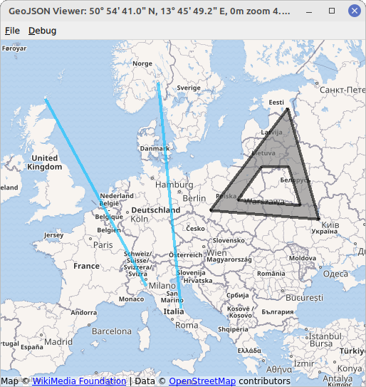 Map of Europe with a polygon and a polyline overlay
