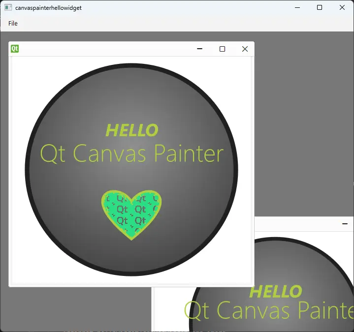 Main window with a child widget showing Hello Qt Canvas Painter text and a patterned green heart on a radial gradient