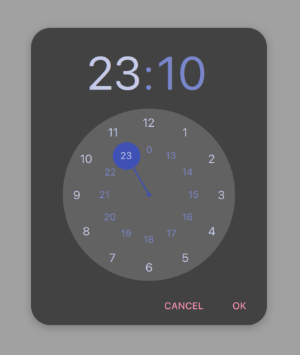 Time picker dialog with circular selector in dark theme