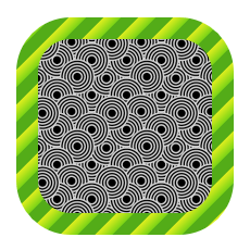Rounded square tiled with concentric-circle pattern and a green diagonal-stripe border