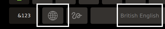 Keyboard bottom row with the globe language key highlighted next to the space bar showing British English