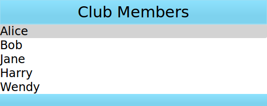 List with highlighted Club Members header above Alice, Bob, Jane, Harry, Wendy
