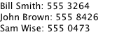 ListView showing three contacts with names and phone numbers