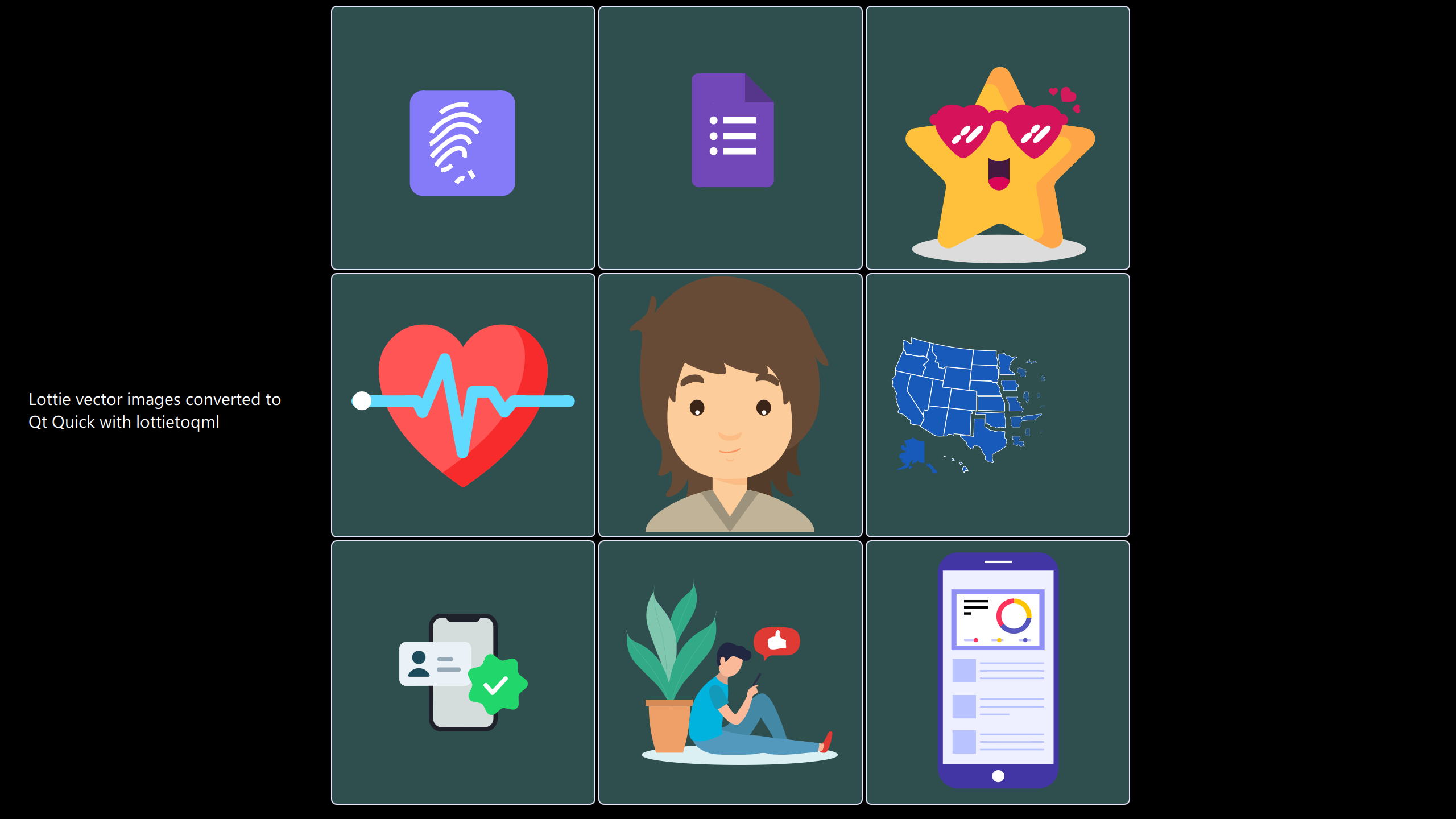 Grid of animated Lottie files converted to QML