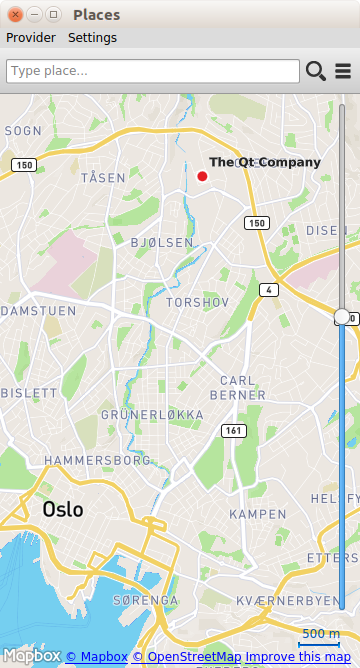 Places example with a search box and a map of Oslo showing a marker labeled "The Qt Company"