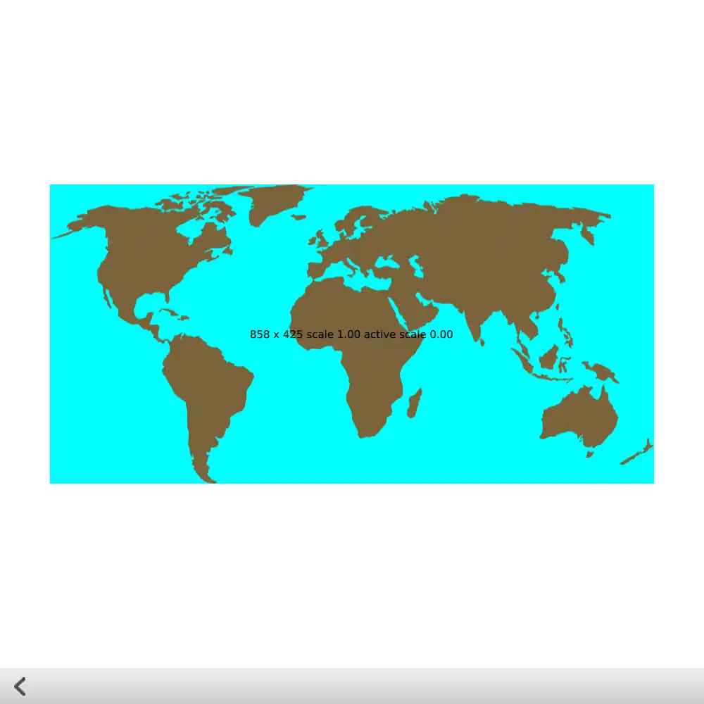 World map showing continents with scale information overlay
