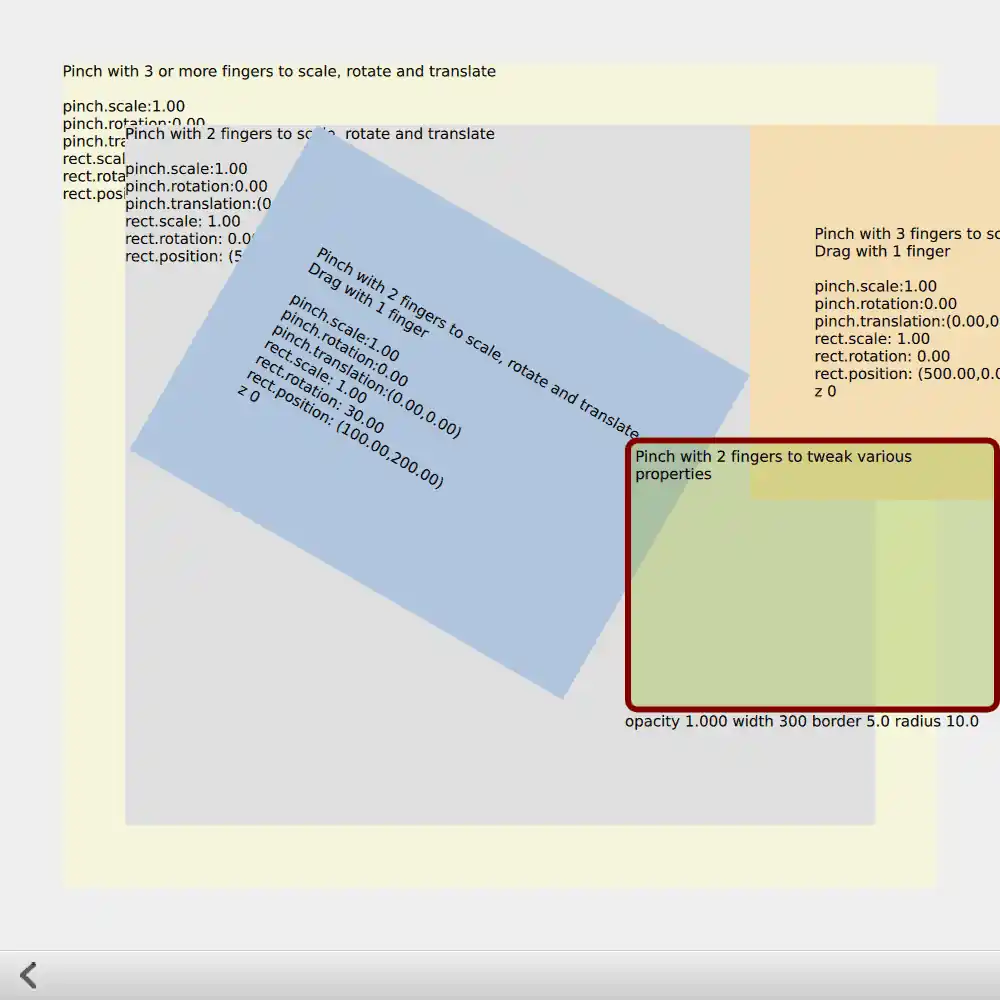 Multiple rectangles with pinch gesture instructions showing scale, rotation, and translation values