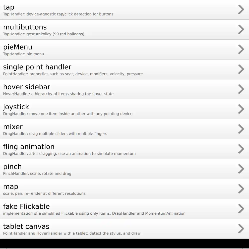 Main menu listing twelve pointer handler demos starting with tap, multibuttons, pieMenu, single point handler, hover sidebar, and joystick