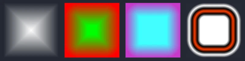 Four squares with rounded-rectangle box gradients of varying color, corner radius, and edge softness