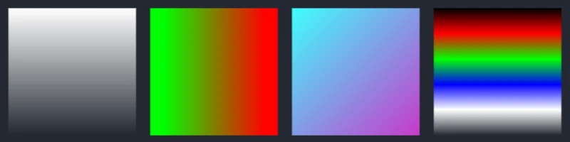 Four squares with linear gradients running vertically, horizontally, diagonally, and as horizontal color bands
