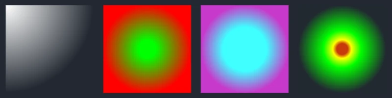 Four squares with radial gradients radiating from a center point, varying in color and center offset