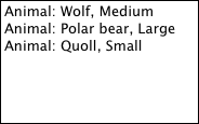 List showing three animals with name and size: Wolf, Polar bear, and Quoll