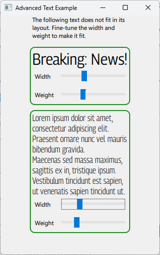 Variable font demo with width and weight sliders adjusting text to fit layout bounds
