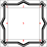 Decorative frame enlarged with edge regions stretched, numbered 2, 4, 5, 6, 8