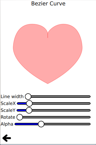 Pink heart drawn with bezier curves and sliders for line width, scale, rotation, and alpha