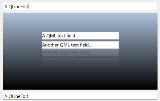 Widget window with QLineEdit fields and embedded QML content showing two TextField instances