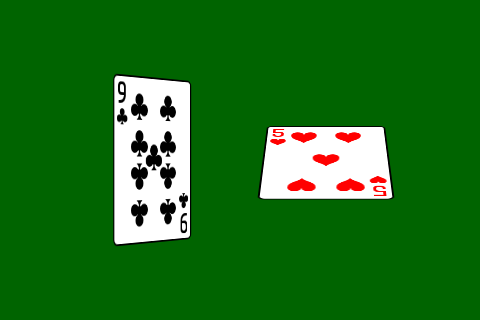 Two playing cards on green background, 9 of clubs flipping around vertical axis and 5 of hearts flipping around horizontal axis
