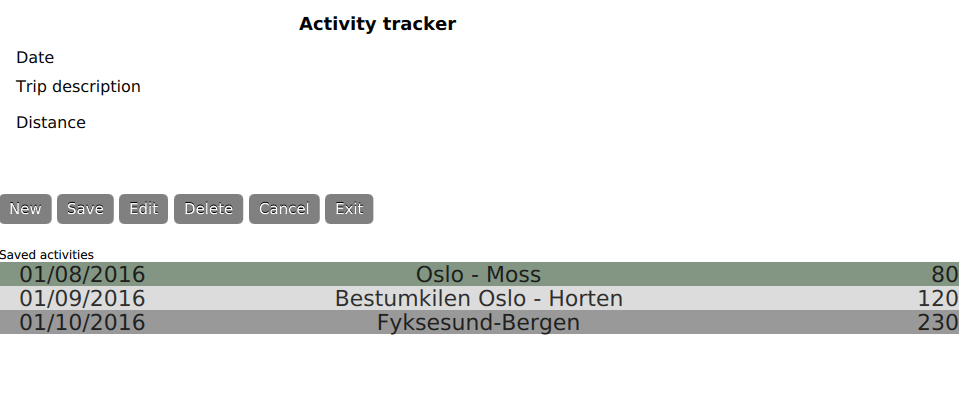 Activity tracker with trip entries showing dates, descriptions, and distances