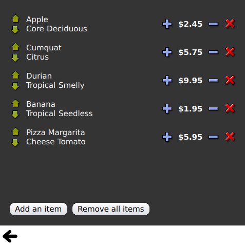 ListView showing food items with names, categories, prices, and add/remove buttons