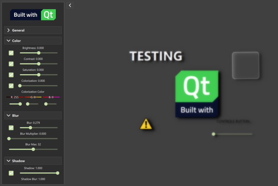 MultiEffect test bed with controls for color, blur, and shadow effects applied to demo items