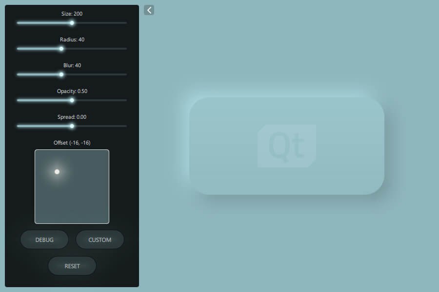 Neumorphic panel with Qt logo and control sliders for shadow size, radius, blur, and opacity