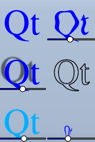 Qt text with various shader effects including genie, outline, shadow, and wobble